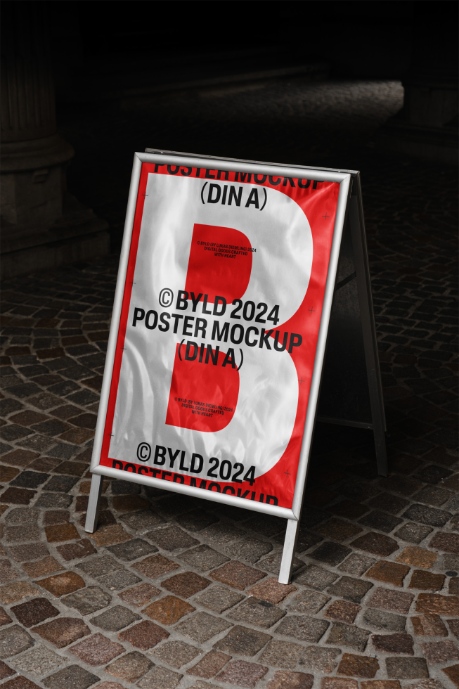 Outdoor poster mockup in metal A-frame for design presentations showcasing BYLD 2024 on a textured stone pavement background for mockups and templates.