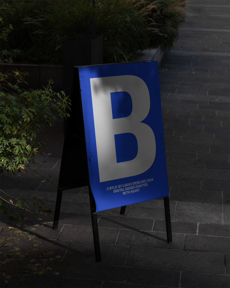 Outdoor mockup showing a blue sign with a white letter B in a park setting ideal for graphic design projects SEO keywords mockup designers signs templates