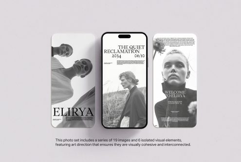 Mobile device mockup featuring black and white artistic editorial visual elements and photographs ideal for designers' portfolios digital asset templates graphics