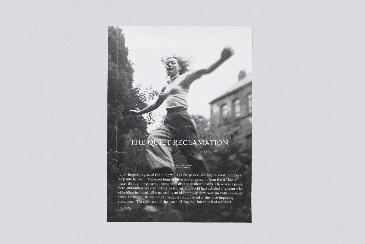 Black and white template showing a person mid-jump, text overlaid with title The Quiet Reclamation and narrative. Ideal for graphic designers, templates.