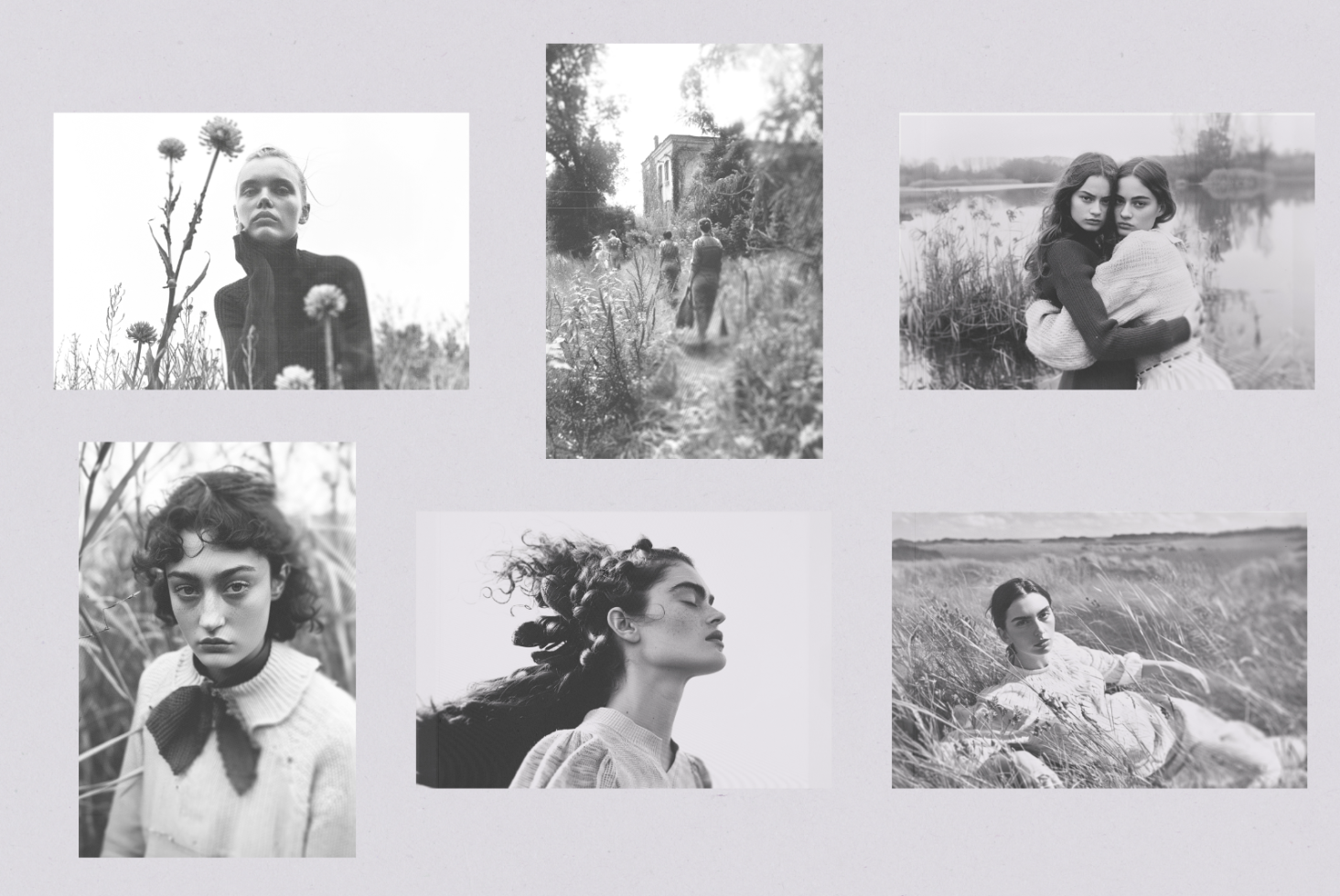 Black and white portrait photography mockup featuring six images of people in nature settings. Perfect for designers seeking vintage, artistic aesthetics.