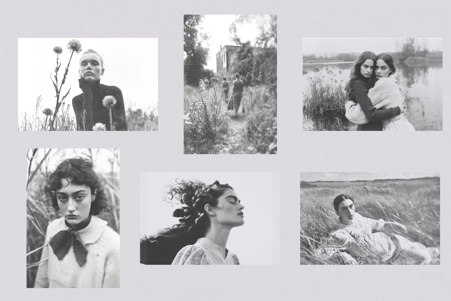 Black and white photography collage of six portraits and nature scenes featuring models in outdoor settings. Keywords: mockups, templates, graphics, designers.