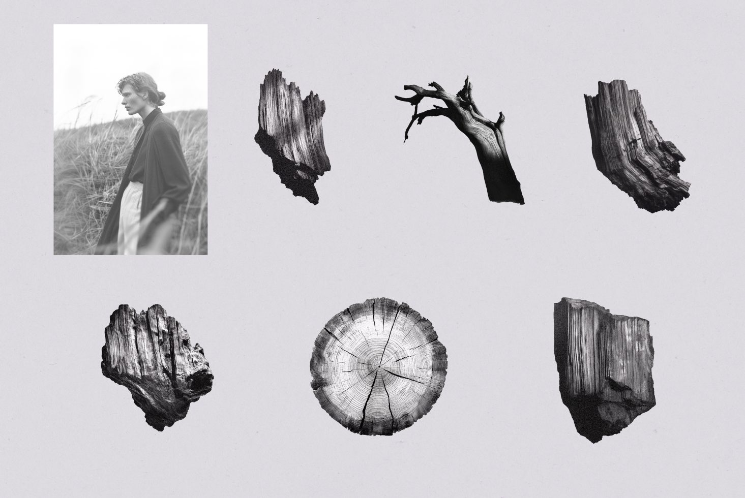 Black and white graphic set featuring various wood textures with a grayscale image of a person in nature. Ideal for mockups, templates, graphic design.