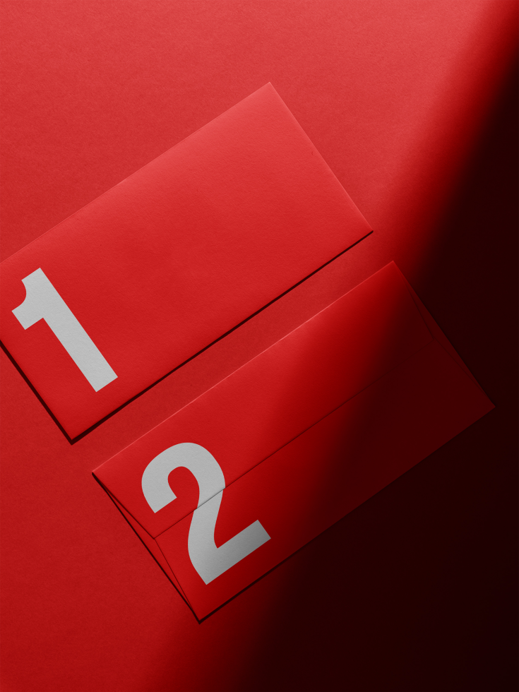 Red envelopes with bold white numbers one and two on each, set against a red background perfect for template, mockup, graphics, and design projects.