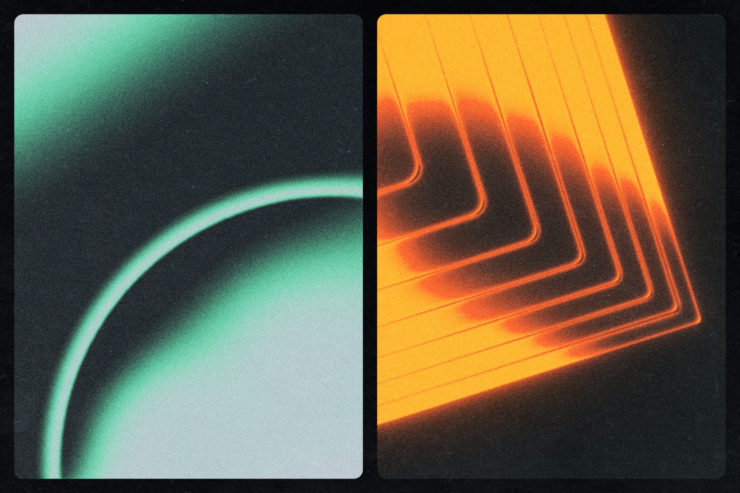 Abstract digital art, two panels with gradient circles in green and orange tones, perfect for graphic design, backgrounds, and digital templates.