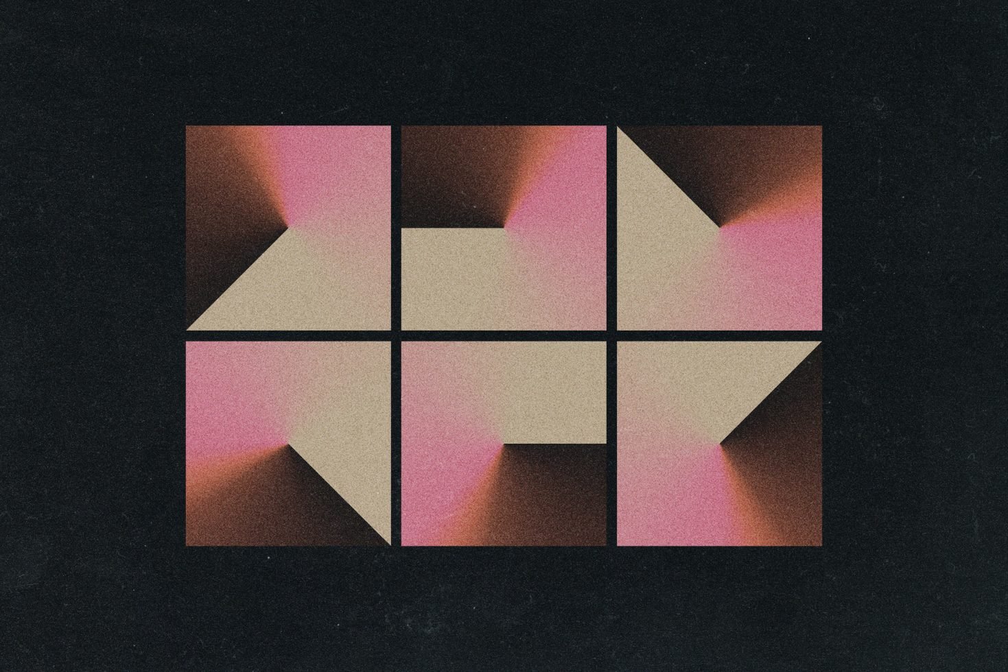 Abstract geometric graphic with pink to brown gradient squares and triangles on black background, digital asset for designers, ideal for templates or mockups.