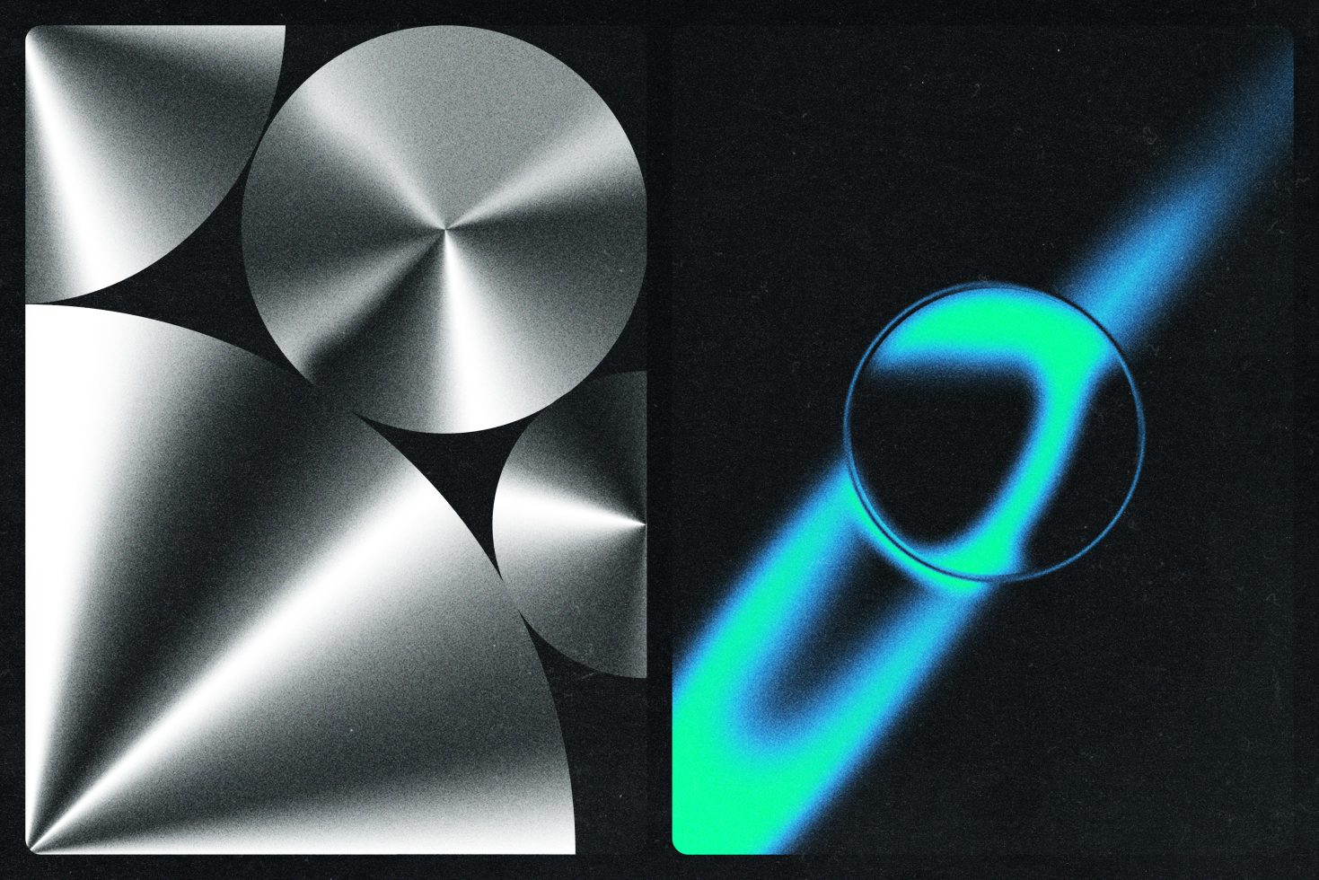 Abstract graphic design featuring metallic gradient circles and cones on left, neon blue circle with glow effects on black background right. Perfect for digital art.
