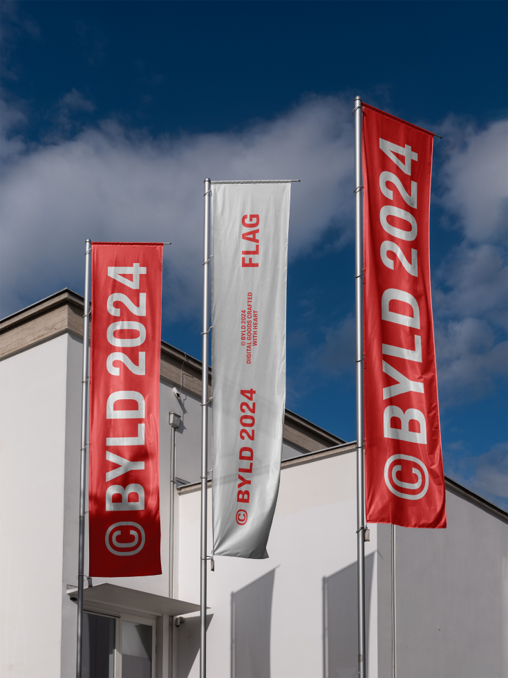 Three vertical flags with BYLD 2024 text in red and white. Ideal for banner mockup templates, outdoor event graphics, branding design, design presentations.