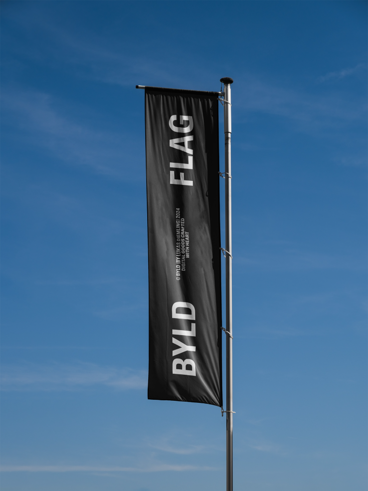 Vertical flag mockup with black background and white BYLD text on a pole under a clear blue sky perfect for design presentations templates graphics