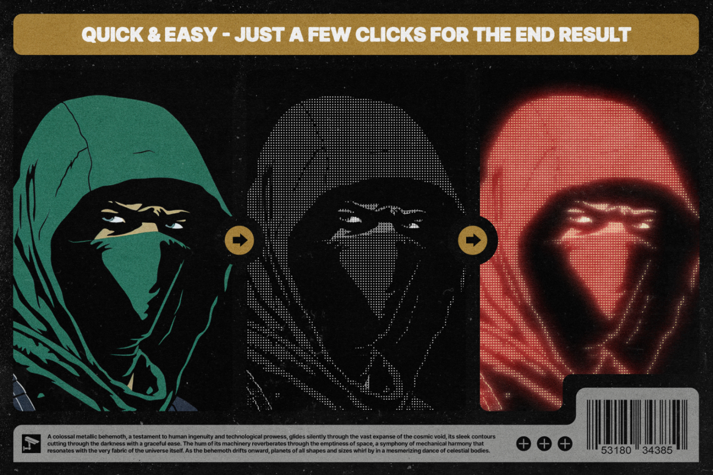 Three-step image transformation of a hooded figure, showcasing graphic design variations. Useful for digital asset design projects. Keywords: Mockups, Templates, Graphics