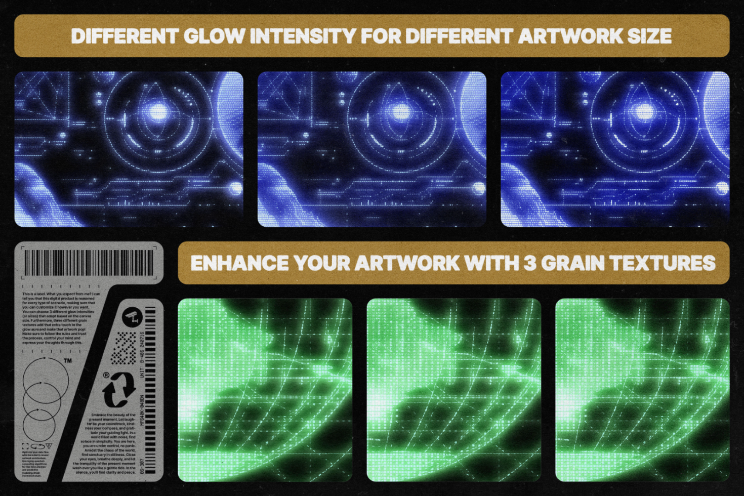 Editable digital asset featuring different glow intensity levels and grain textures for enhancing artwork. Ideal for mockups, graphics, and templates.