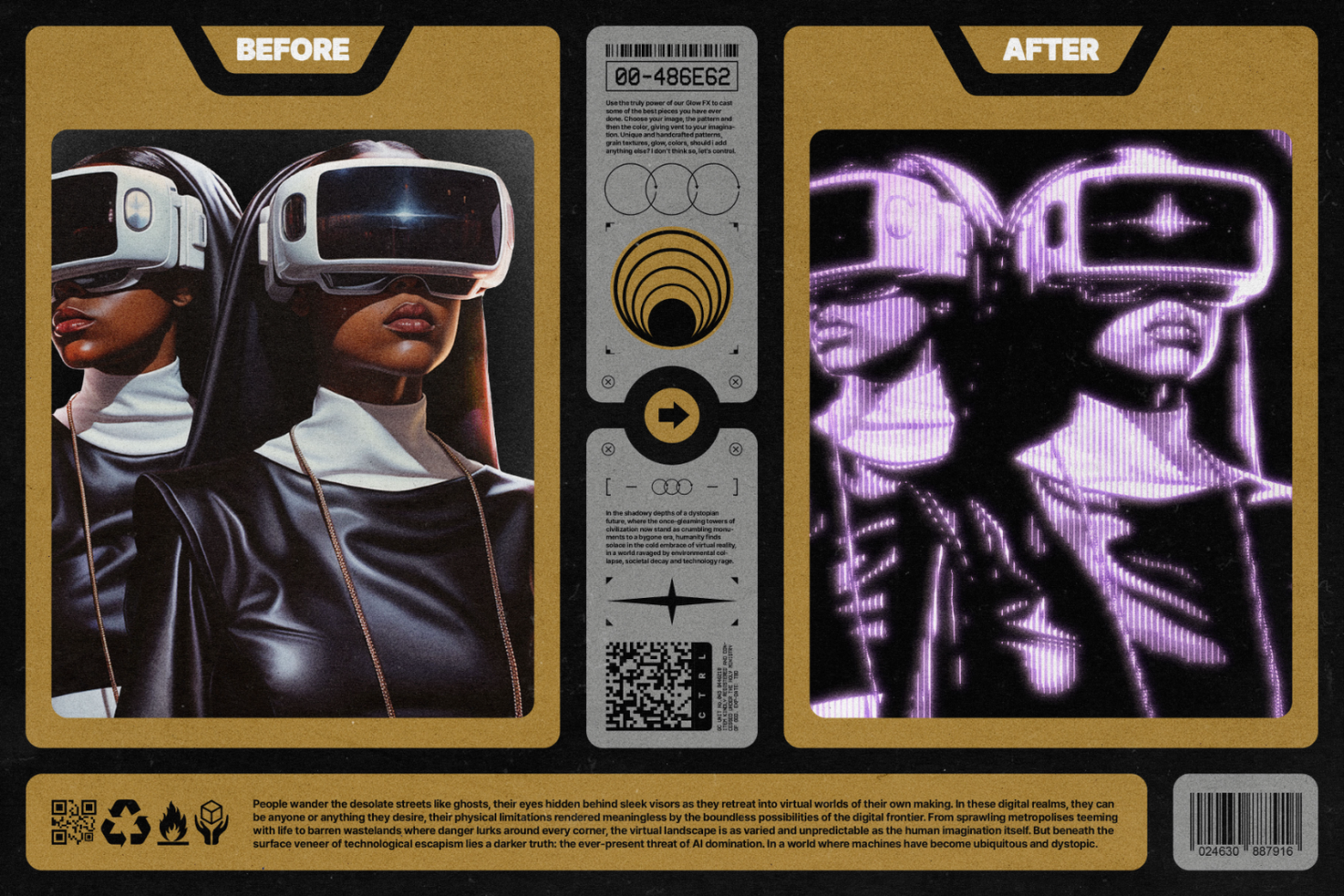 Before and after mockup featuring futuristic characters wearing VR headsets; showcases a digital glitch effect; ideal for designers seeking high-tech graphics