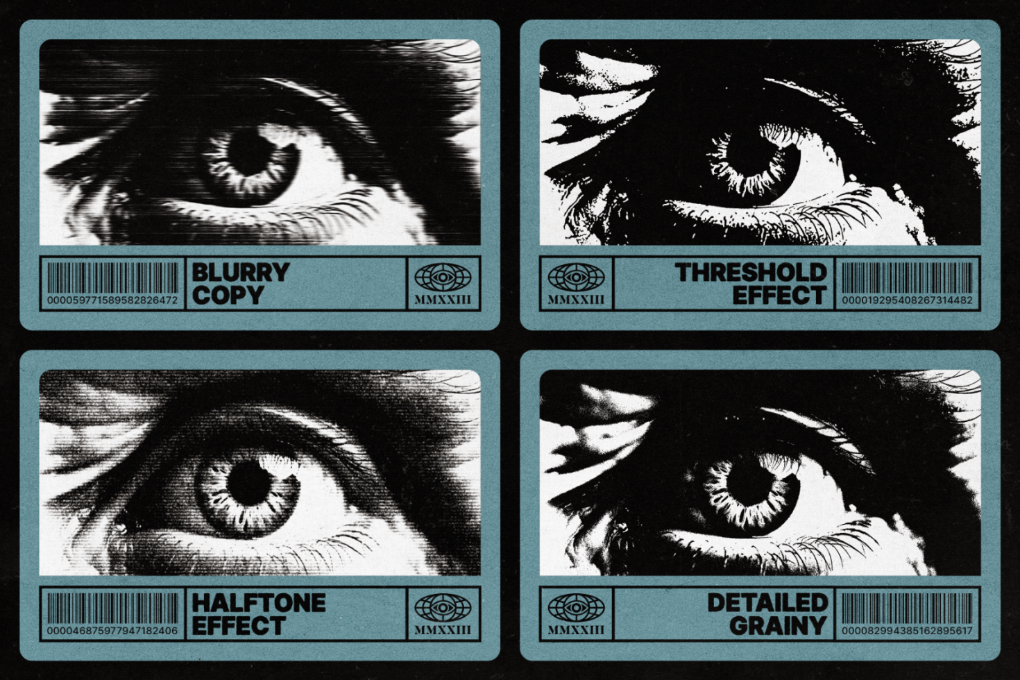 Four black and white eye illustrations with different effects Blurry Copy Threshold Effect Halftone Effect Detailed Grainy labeled for design mockups graphic templates