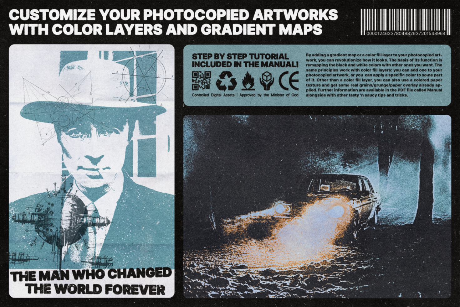 Vintage poster mockup displaying a monochrome man with a hat, schematic drawings, and a car with bright headlights in a forest scene, designed for digital asset customization.