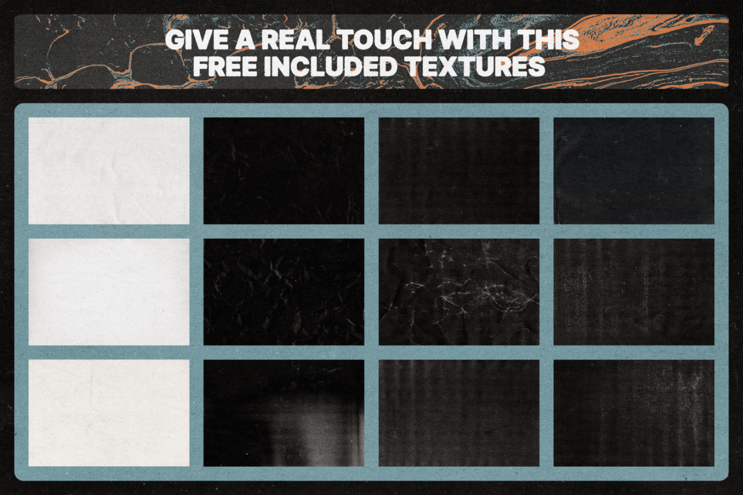 Set of 12 high-quality free textures for graphic designers. Easily add real touch to your designs with these versatile backgrounds for mockups and templates.