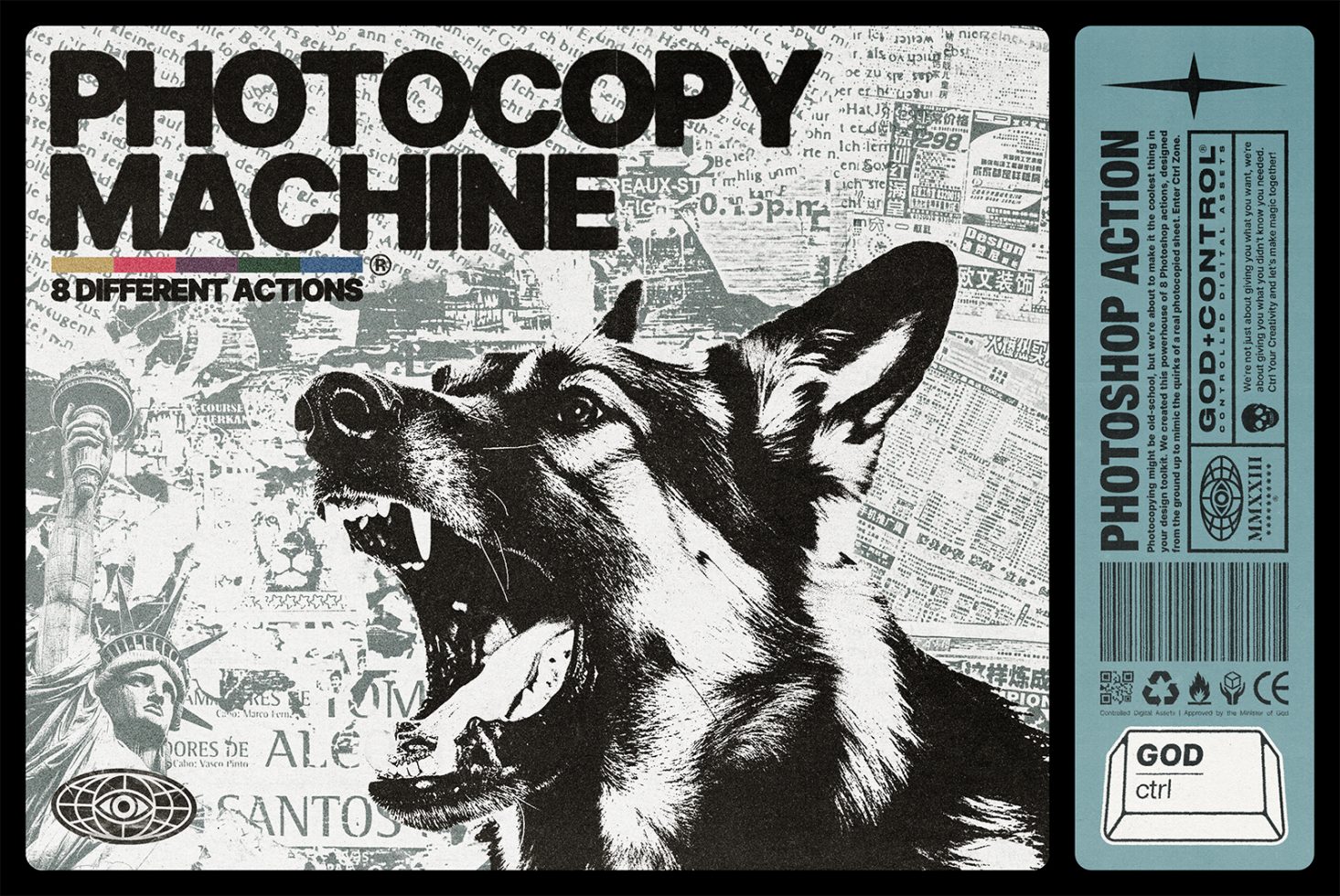 Photocopy Machine Photoshop action pack for designers featuring 8 unique effects. Includes a snarling dog graphic on a collage newspaper background. Digital asset.