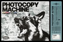 Photocopy Machine Photoshop Actions mockup with snarling dog over distressed newspaper collage