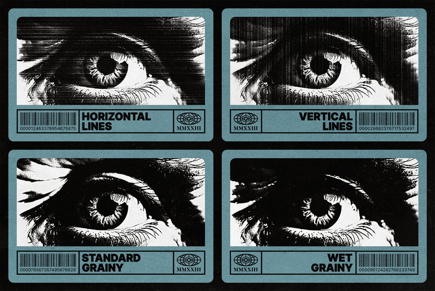 Close-up of eye illustrations with horizontal lines vertical lines standard grainy and wet grainy effects suitable for graphic design template mockups textures