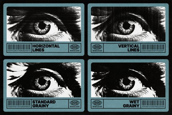 Close-up of eye illustrations with horizontal lines vertical lines standard grainy and wet grainy effects suitable for graphic design template mockups textures