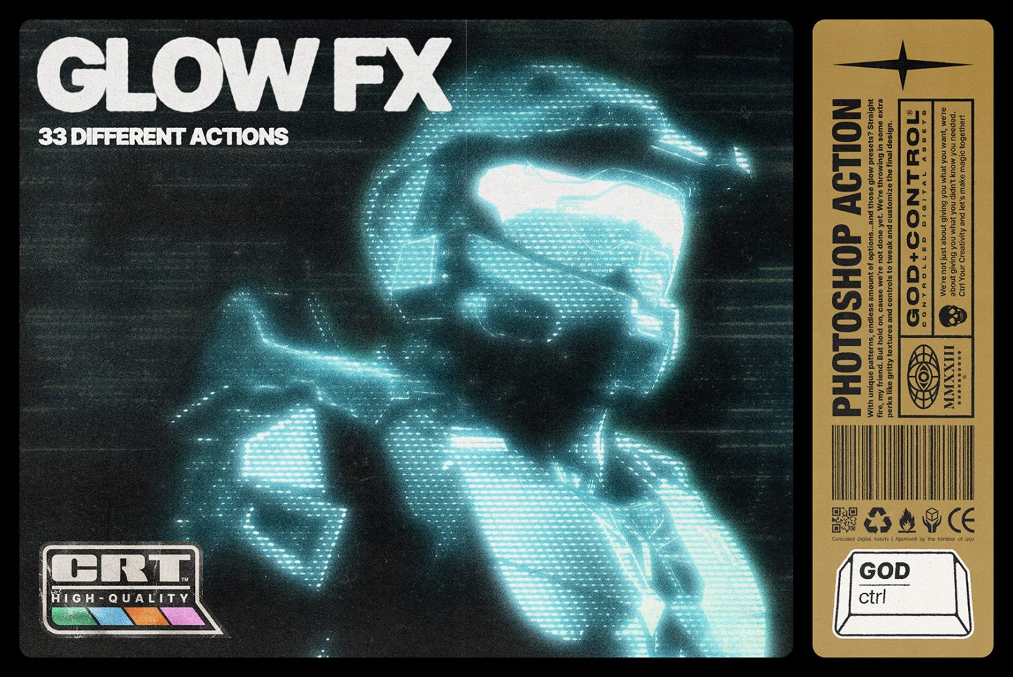 Photoshop Glow FX actions pack with 33 different effects. High-quality CRT design elements perfect for digital mockups, templates, and graphic projects.