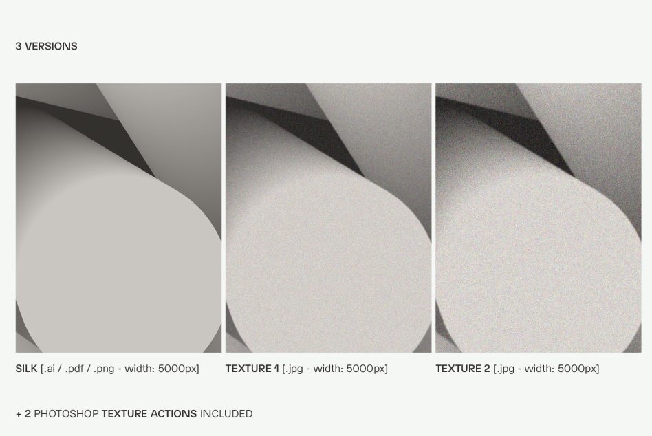 Set of 3 abstract grey silk textures in .ai .pdf .png .jpg formats for 5000px designs includes 2 Photoshop texture actions digital assets for designers mockup template