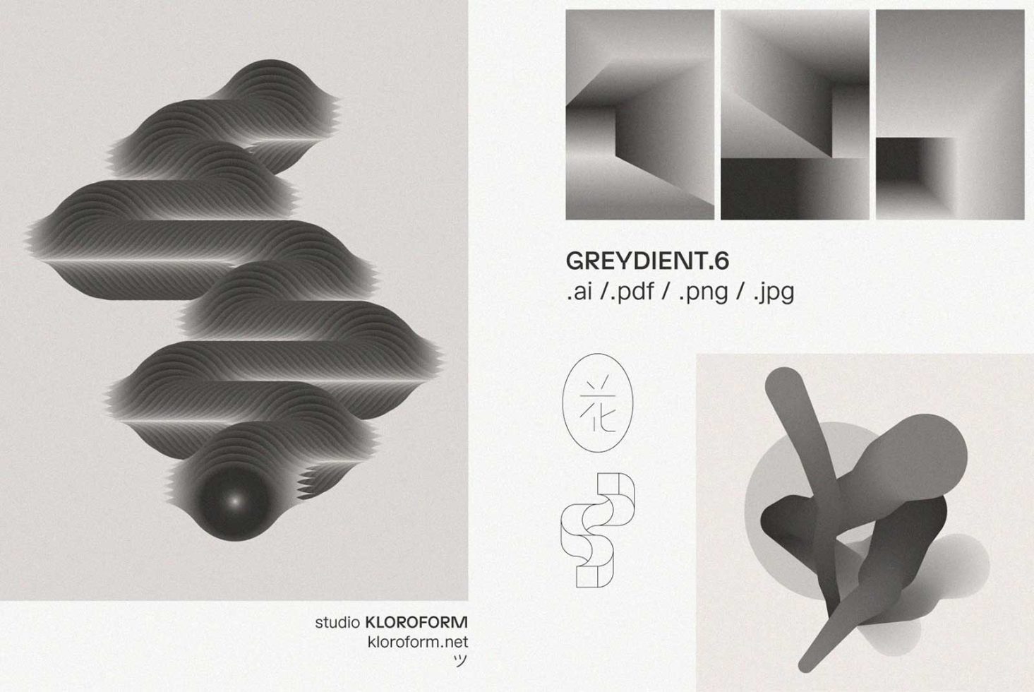 Abstract GREYDIENT.6 graphic design pack featuring grayscale gradients and shapes available in .ai .pdf .png .jpg formats ideal for designers templates