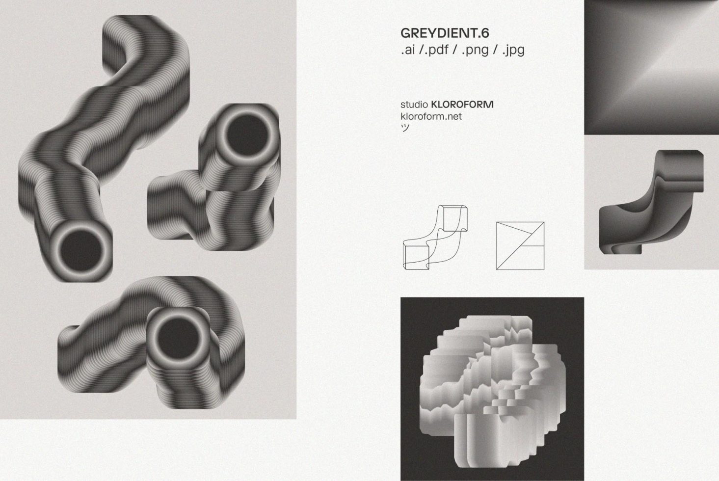 3D abstract grayscale gradients in various shapes, includes file formats AI, PDF, PNG, JPG. Ideal for graphic designers looking for unique gradient designs.