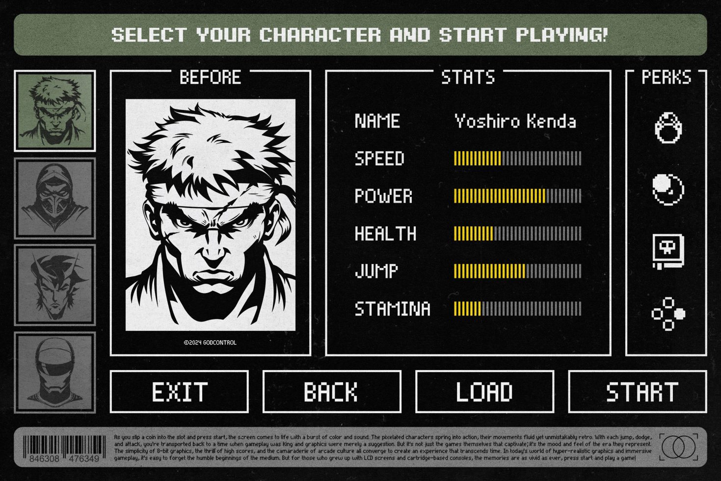 Character selection screen with pixel art graphics, including character profile, stats, and perks system for a retro-style video game. For mockup and template.