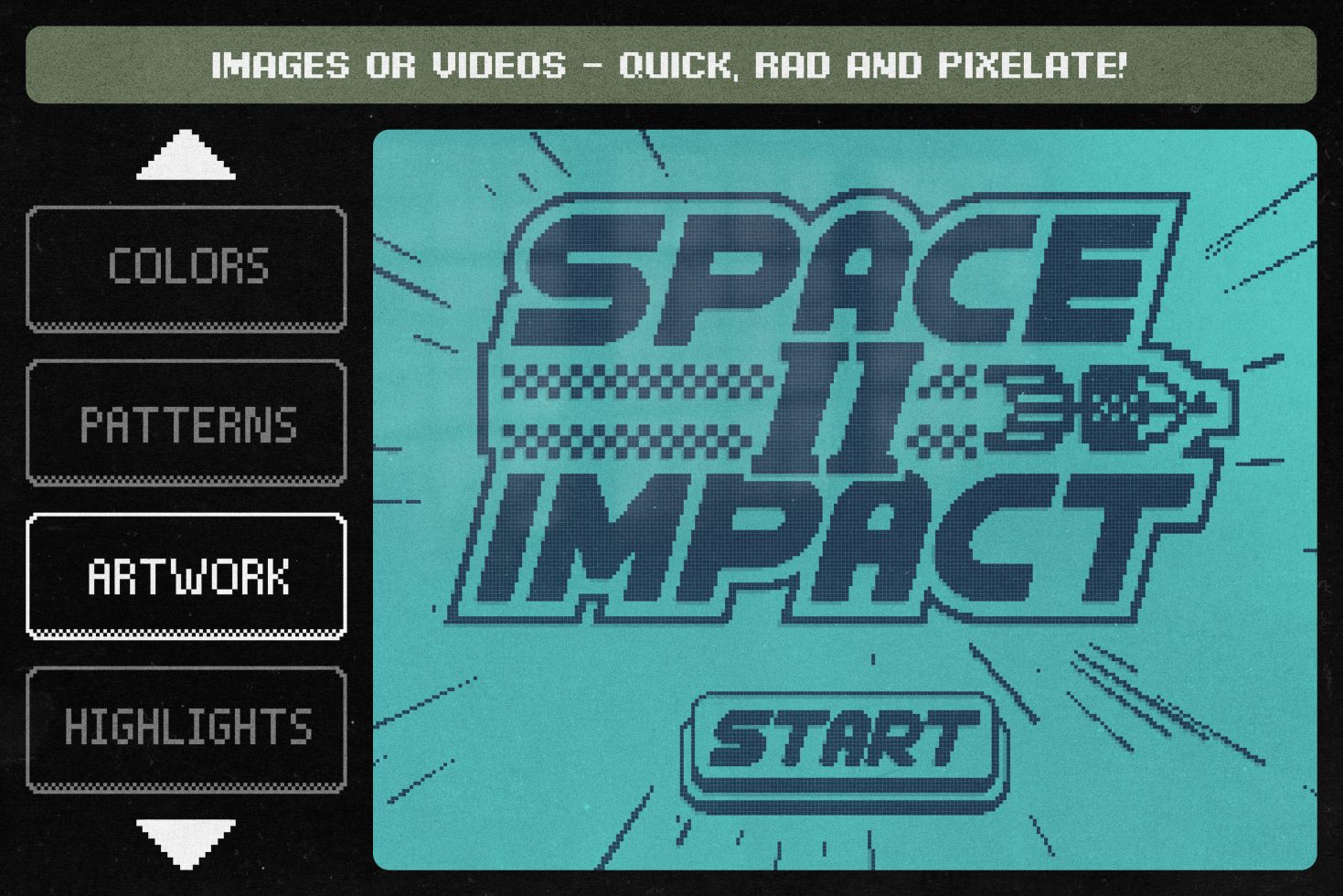 Pixel art mockup showing a retro game interface with menu options for colors patterns artwork highlights and a start button. Digital artwork for designers.