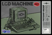 Retro LCD machine photoshop mockup showing old computer setup with pixelated eye on screen