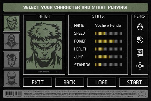 Retro-style character selection screen featuring pixel art. Stats and perks displayed for character Yoshiro Kenda. Ideal for game UI mockups, graphic templates.