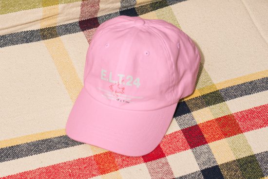 Pink baseball cap with E.LT24 lettering on a colorful plaid fabric background mockup template for designers fashion accessory graphic design photoshop asset