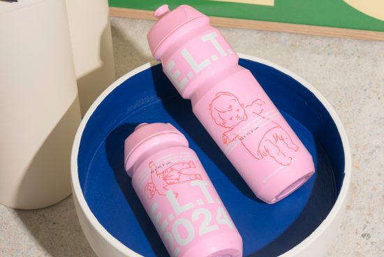 Pink E.L.T. 2024 water bottles with baby graphics placed in blue and white container. Ideal for designers, graphic, typography, illustration, mockup resources.