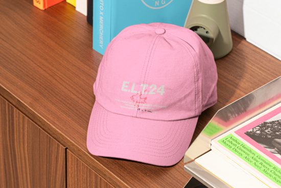 Pink baseball cap with E.L.T24 text and minimalist design on wooden surface ideal for mockups designers digital assets stylish headwear templates photography.