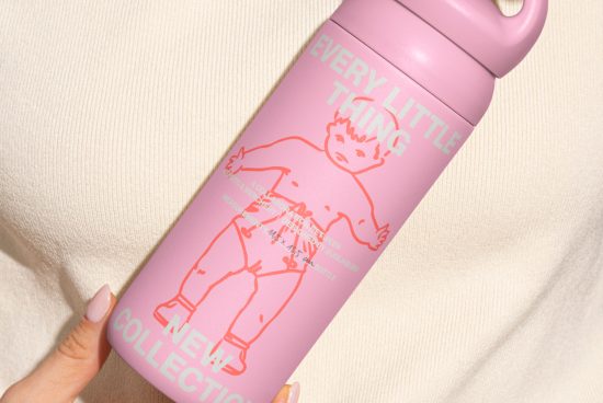 Pink water bottle with playful baby graphic and new collection text held by a hand against a beige background ideal for digital assets designers mockups and templates