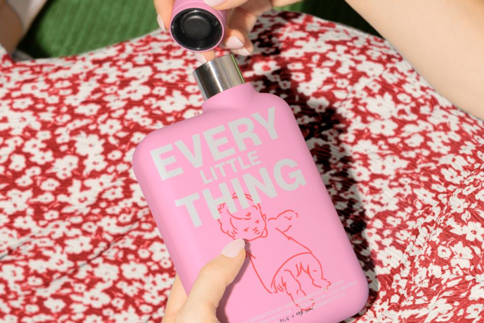 Pink water bottle with playful text Every Little Thing against a red floral background. Suitable for mockup templates or graphic designs targeting designers.