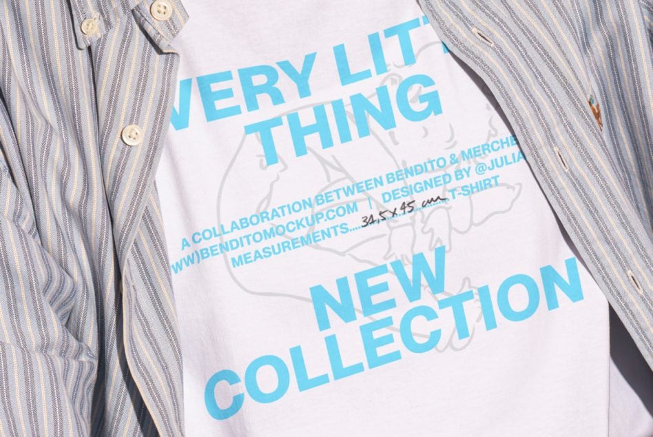 White tee under grey stripe shirt showing blue Every Litt Thing new collection type treatment