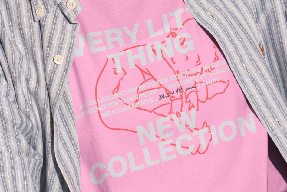 Pink tee with layered grey stripe shirt showing red line art figures with Every Litt thing text