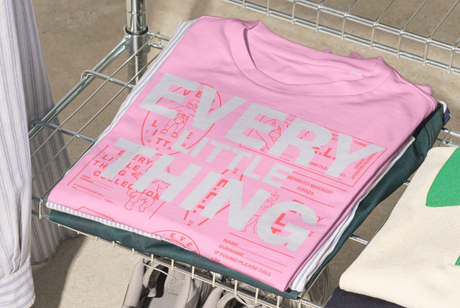 Pink t-shirt mockup design with typography graphic text EVERY LITTLE THING folded on a shelf ideal for digital asset websites targeting designers and mockup collections