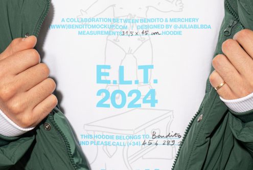 Close-up mockup of hands holding a green jacket revealing a white hoodie with blue text ELT 2024 designer collaboration product for digital assets marketplace