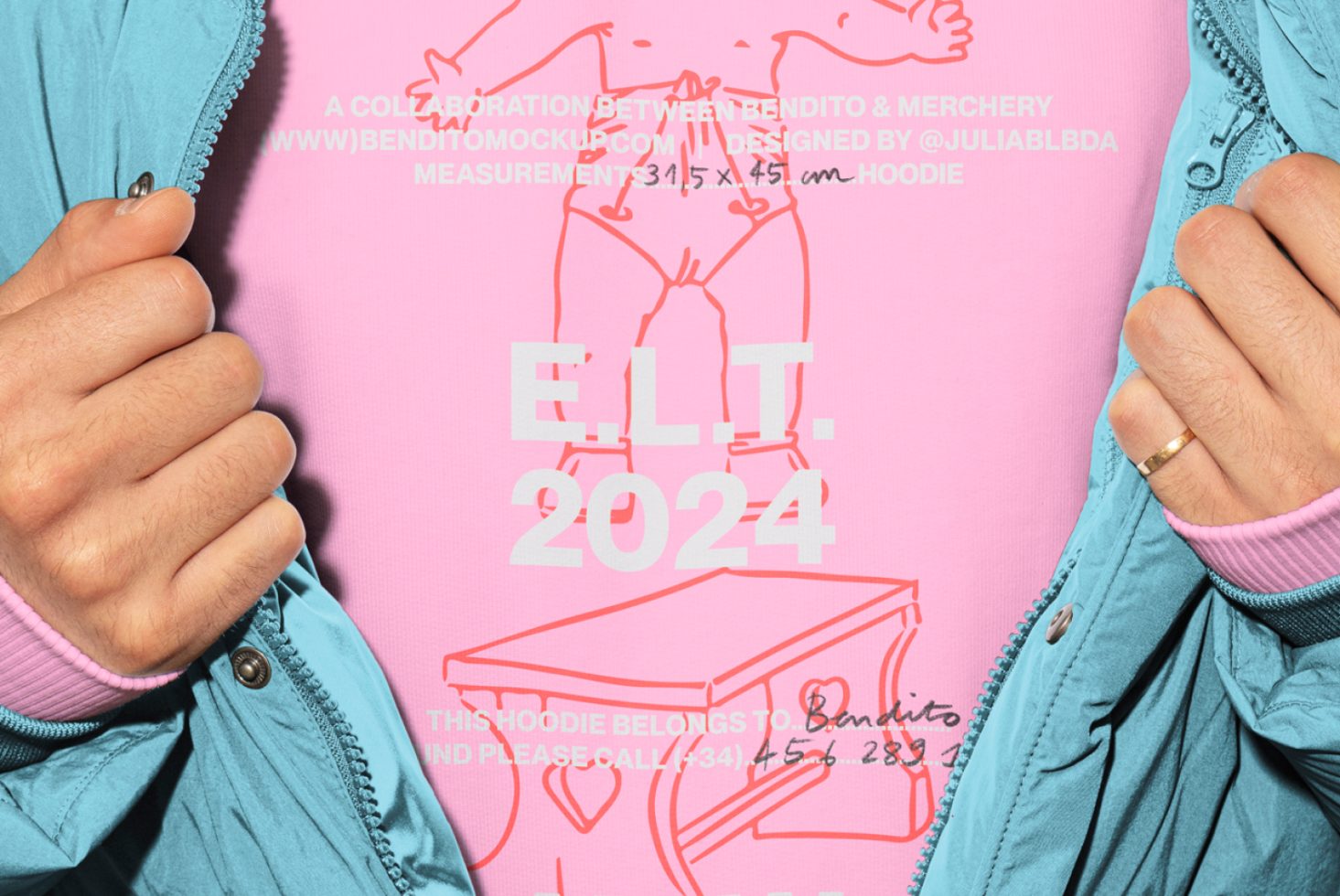 Close-up of a designer pink hoodie with graphic text reading ELT 2024, worn under a teal jacket; ideal for apparel mockups, digital assets, fashion templates.