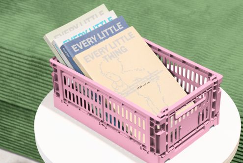 Pink crate with Every Little Thing book covers on a white table and green textured background. Ideal for mockups, templates, design assets for creative projects.