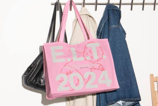 Mockup of pink tote bag with large E.L.T. 2024 text hanging on a rack along with a black bag and various clothes suitable for designers.