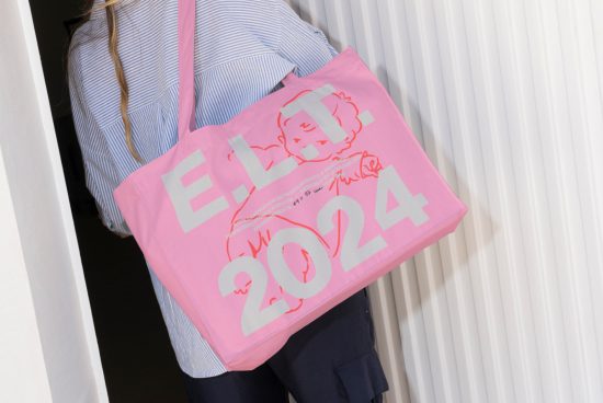 Designer tote bag mockup featuring a pink bag with bold typography E.L.T. 2024. Perfect for showcasing your graphics and promotional materials.