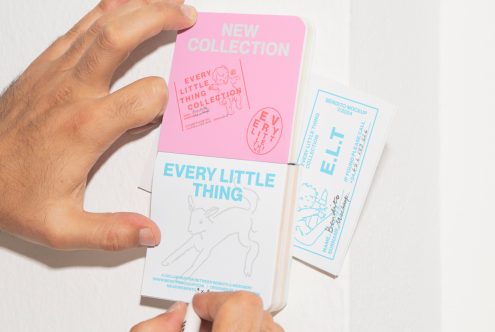 Hands holding colorful illustrated cards with text New Collection Every Little Thing, ideal for designers' mockups, graphics, and templates in catalogs.