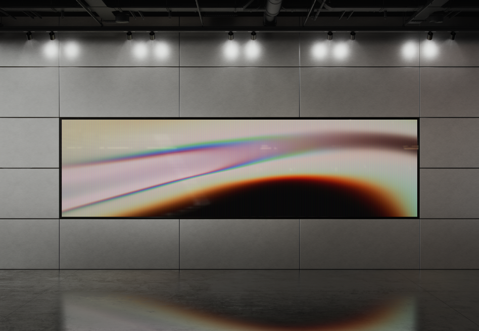 Digital mockup of a large abstract art display on a modern wall with overhead lights. Ideal for showcasing digital artwork, posters, or graphic templates.