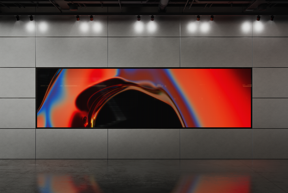 Digital artwork mockup featuring abstract red and black fluid shapes displayed on a large screen in a modern interior setting illuminated by ceiling lights.