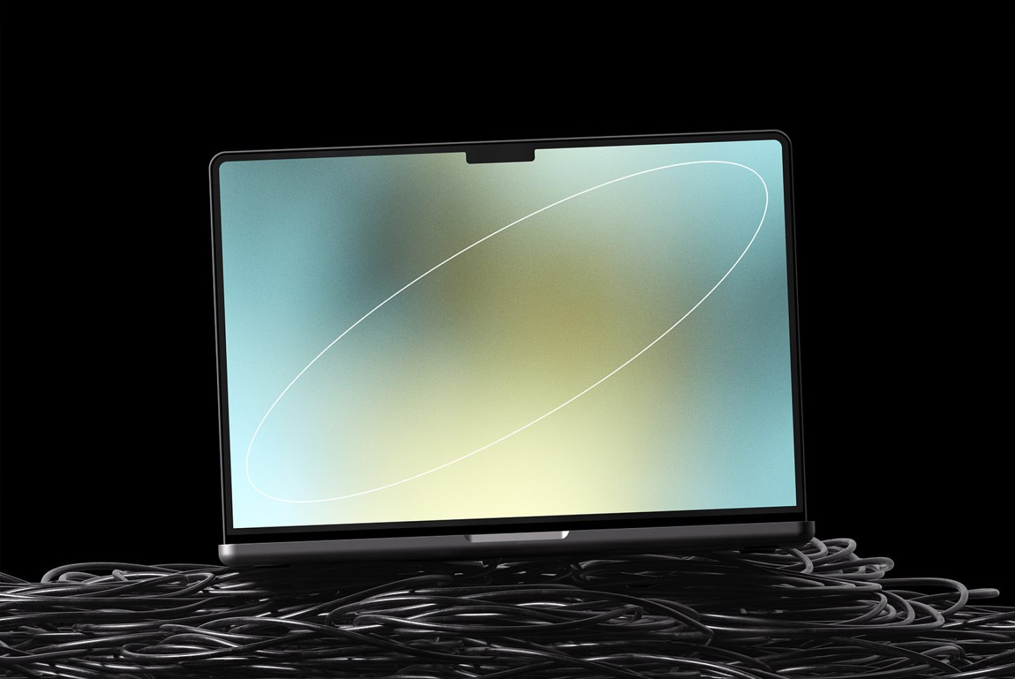 Laptop mockup with gradient background on black cables ideal for designers working on digital assets presentations templates SEO graphics mockups creative tools