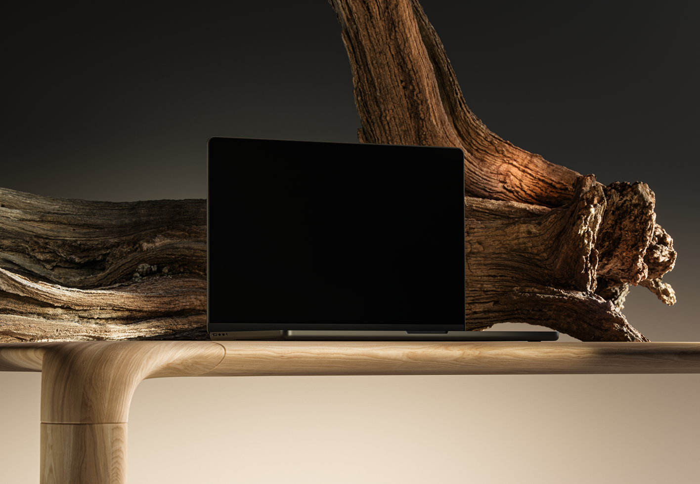 Laptop mockup on wooden table with driftwood background, ideal for showcasing designs and templates. Keywords: laptop mockup, driftwood, designers, templates.