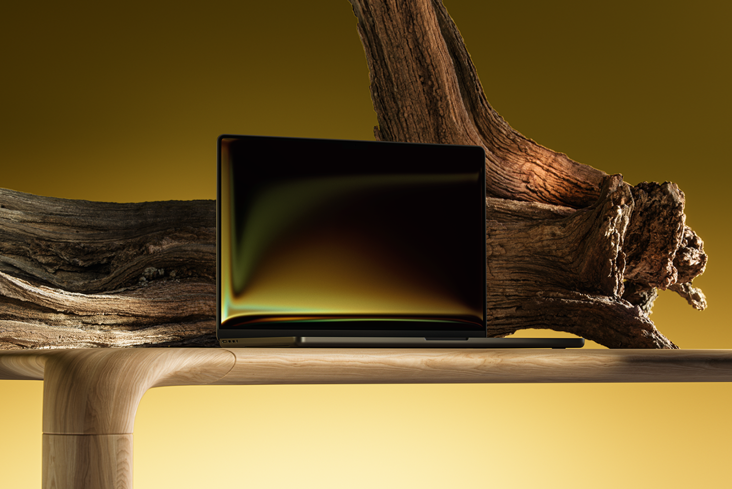 Laptop mockup on a wooden table beside a large tree trunk, ideal for showcasing website designs, apps, or digital artwork in a natural aesthetic setting.